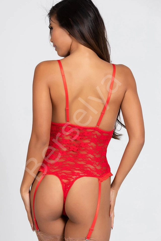 Kırmızı Özel Bölgesi Açık Dantelli Jartiyerli Gecelik Brf1269