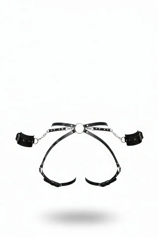 Siyah Harness Takım Zincir Detaylı Bileklik Bağlantılı Deri - Brf270