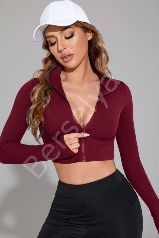 Kadın Bordo Uzun Kol Fermuarlı Parmak Geçme Detaylı Dik Yaka Crop Top Bluz
