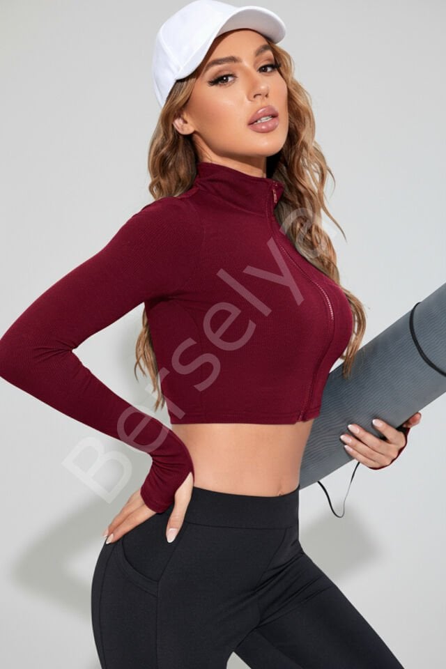 Kadın Bordo Uzun Kol Fermuarlı Parmak Geçme Detaylı Dik Yaka Crop Top Bluz
