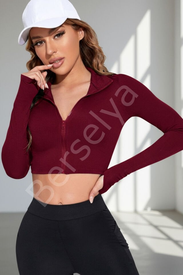 Kadın Bordo Uzun Kol Fermuarlı Parmak Geçme Detaylı Dik Yaka Crop Top Bluz