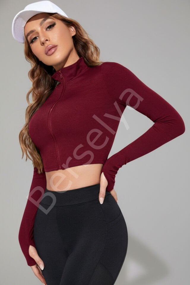 Kadın Bordo Uzun Kol Fermuarlı Parmak Geçme Detaylı Dik Yaka Crop Top Bluz