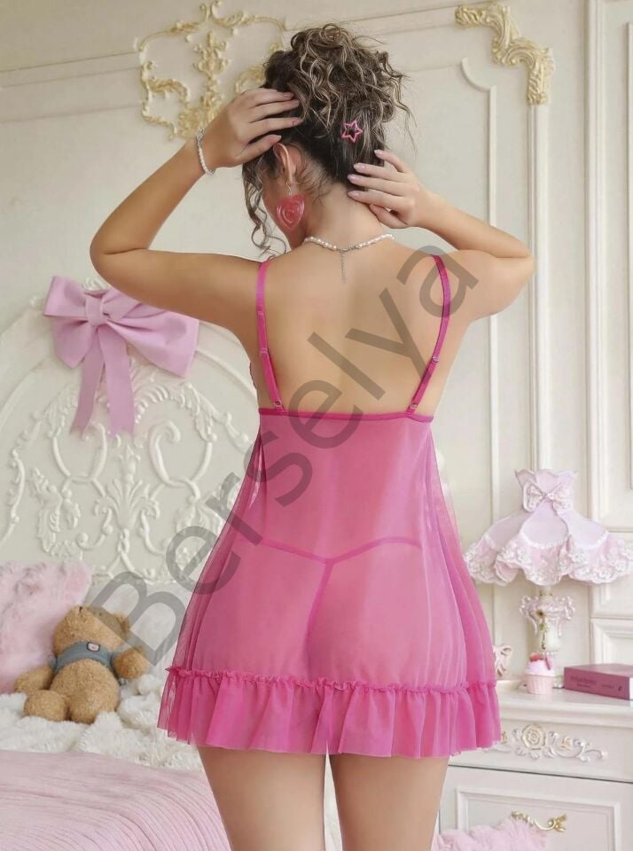 Fuşya Dantel İşlemeli Göğüs Dekolteli Fiyonklu Fantezi String Tül Gecelik Takımı