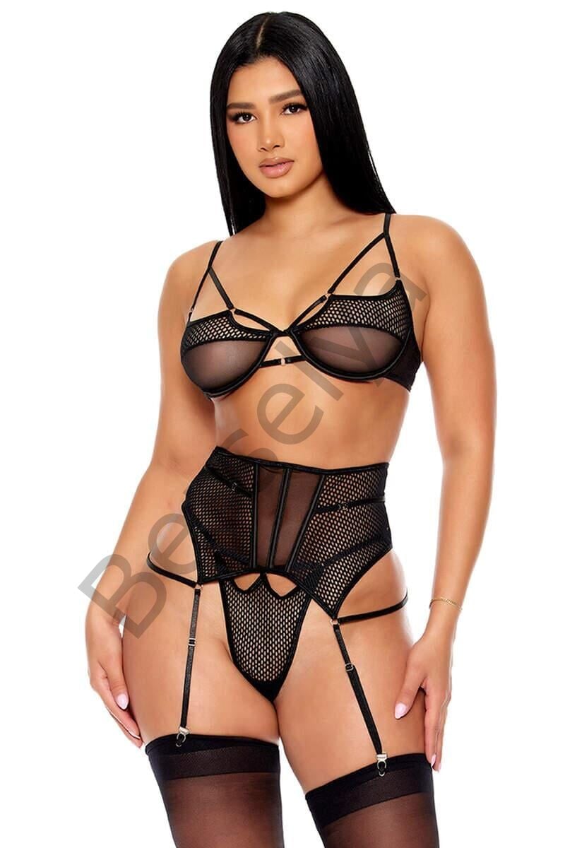 Fantezi File Tül Detaylı Siyah Jartiyer  Takım