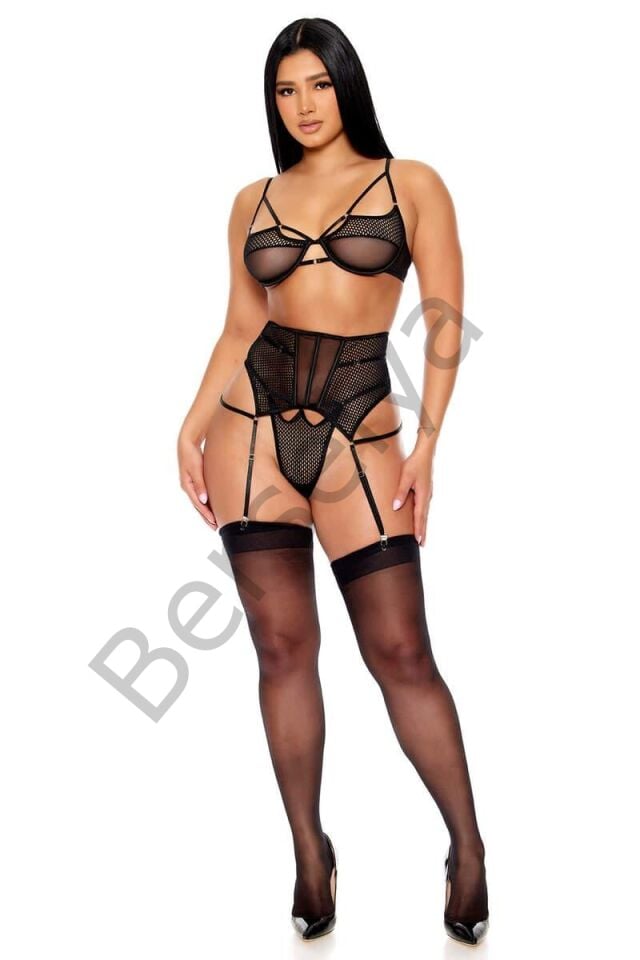 Fantezi File Tül Detaylı Siyah Jartiyer  Takım