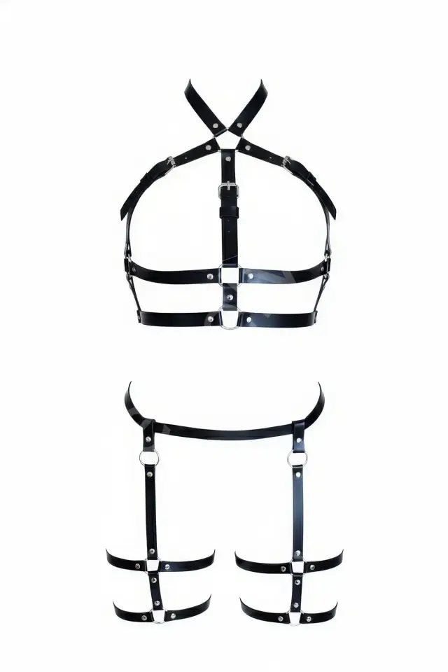 Siyah Kadın Harness Takım Deri Çok Bantlı Tokalı Vücut Seti - Brf272
