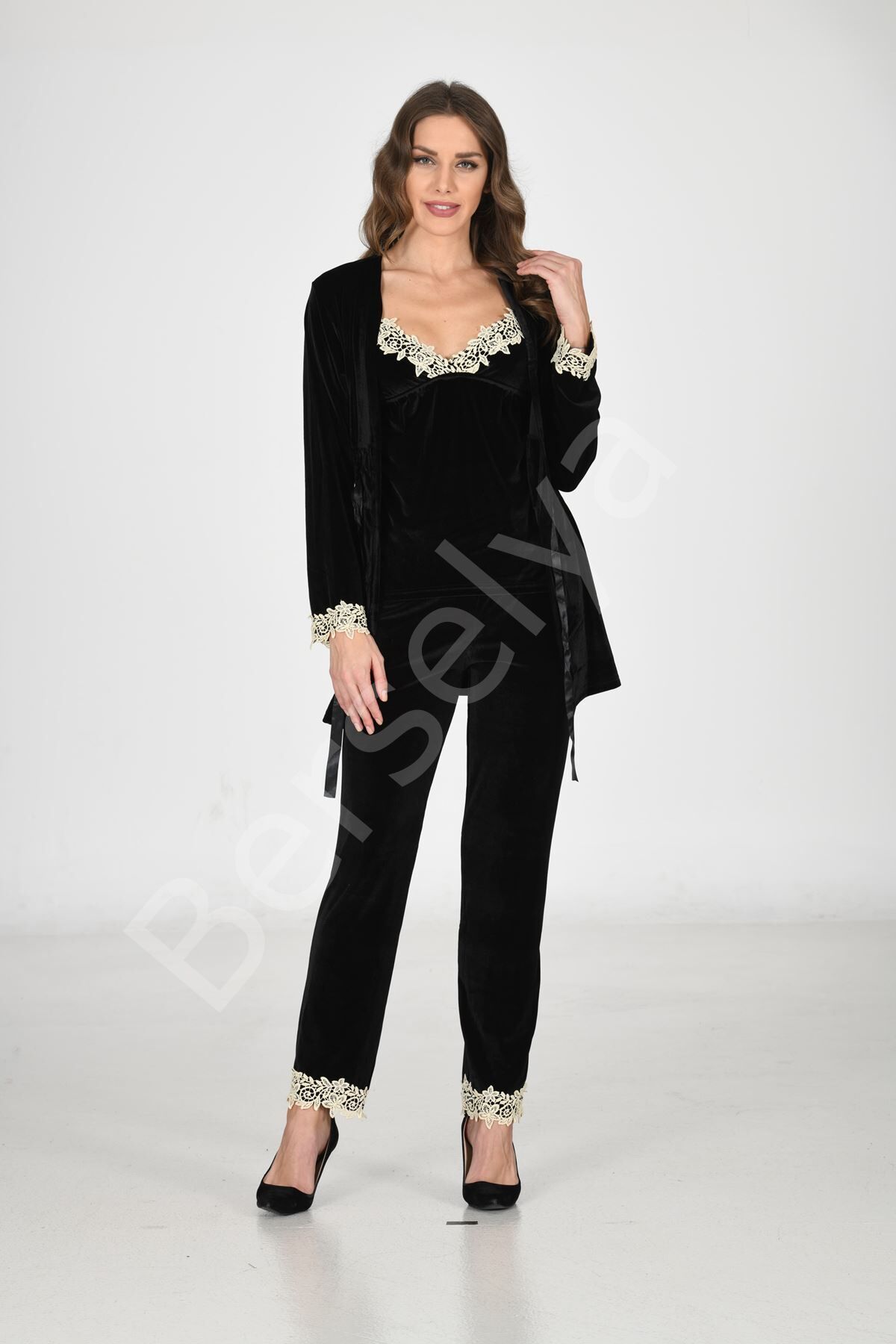 Siyah Kadife Sabahlık & Gecelik Takım 3' Lü - 1441