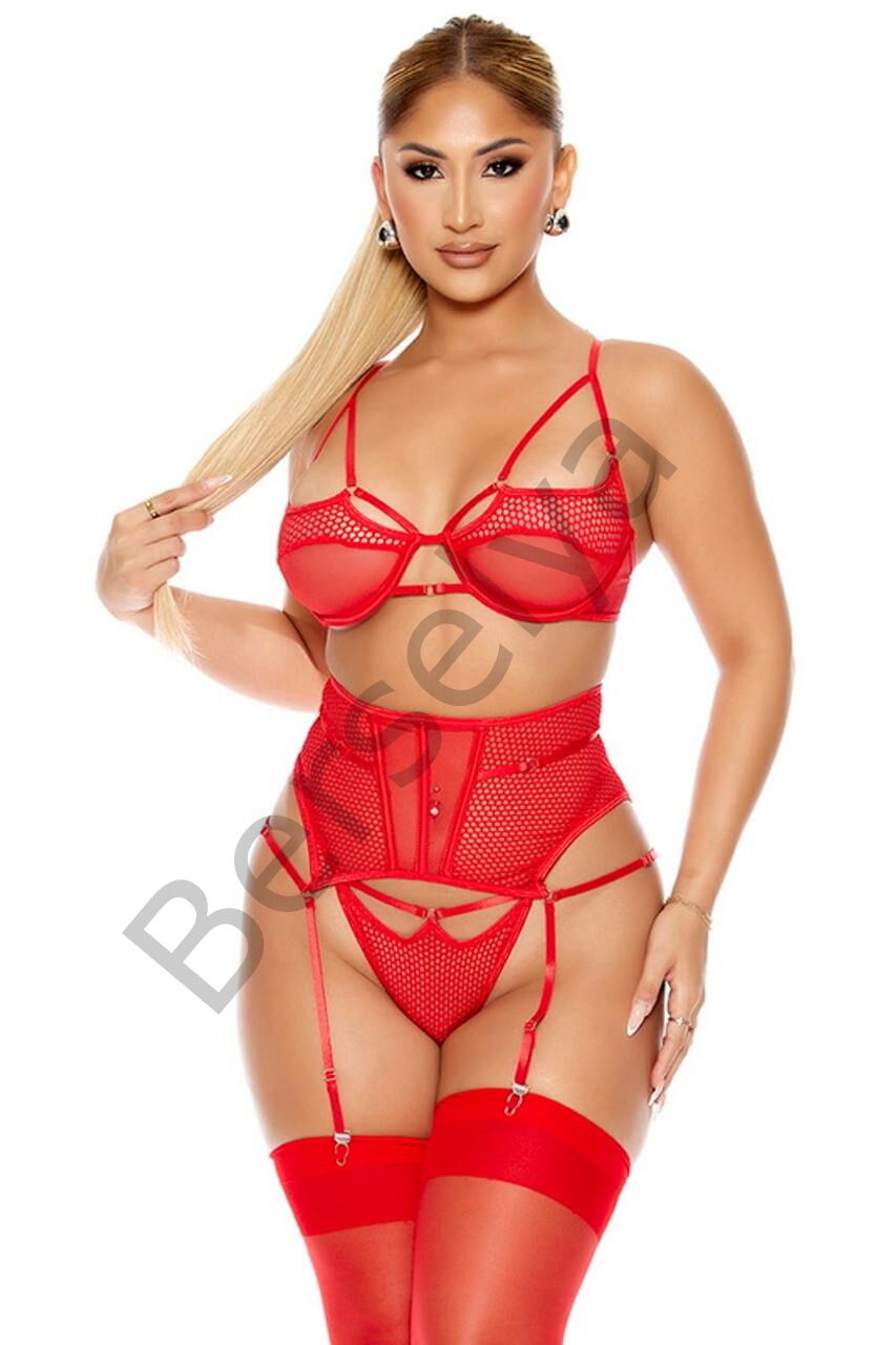 Fantezi File Tül Detaylı Kırmızı Jartiyer  Takım