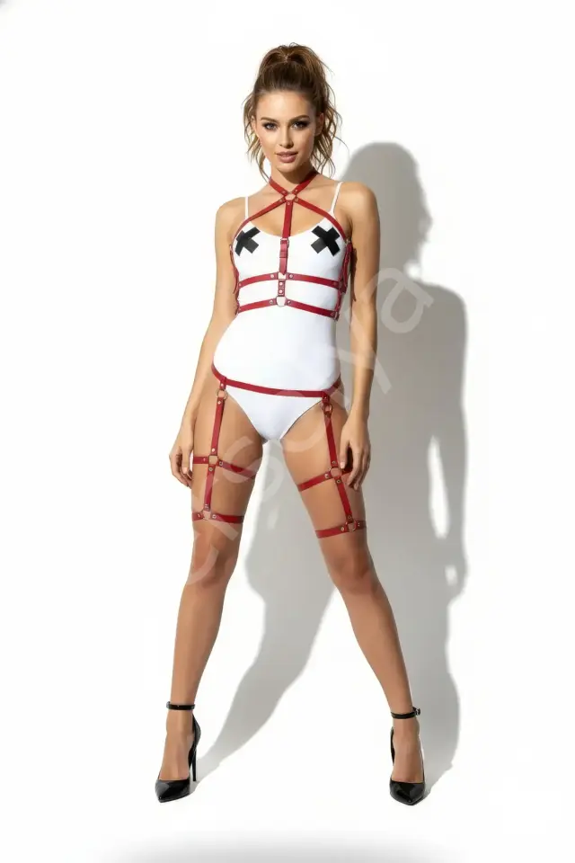 Kırmızı Harness Takım Deri Bantlı Vücut Jartiyer Seti - Brf272