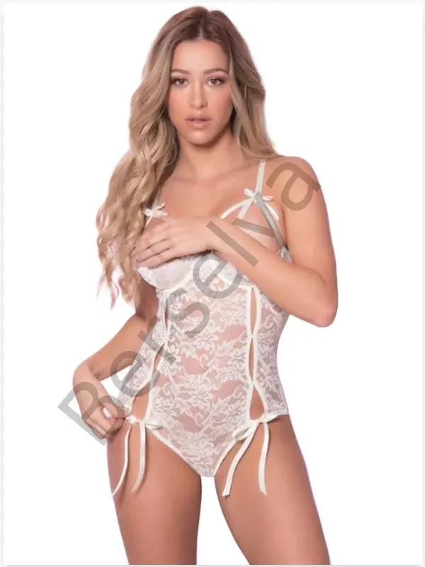 Fantezi Beyaz Göğüsü Ve Arkası Açık Dantel Gecelik Babydoll