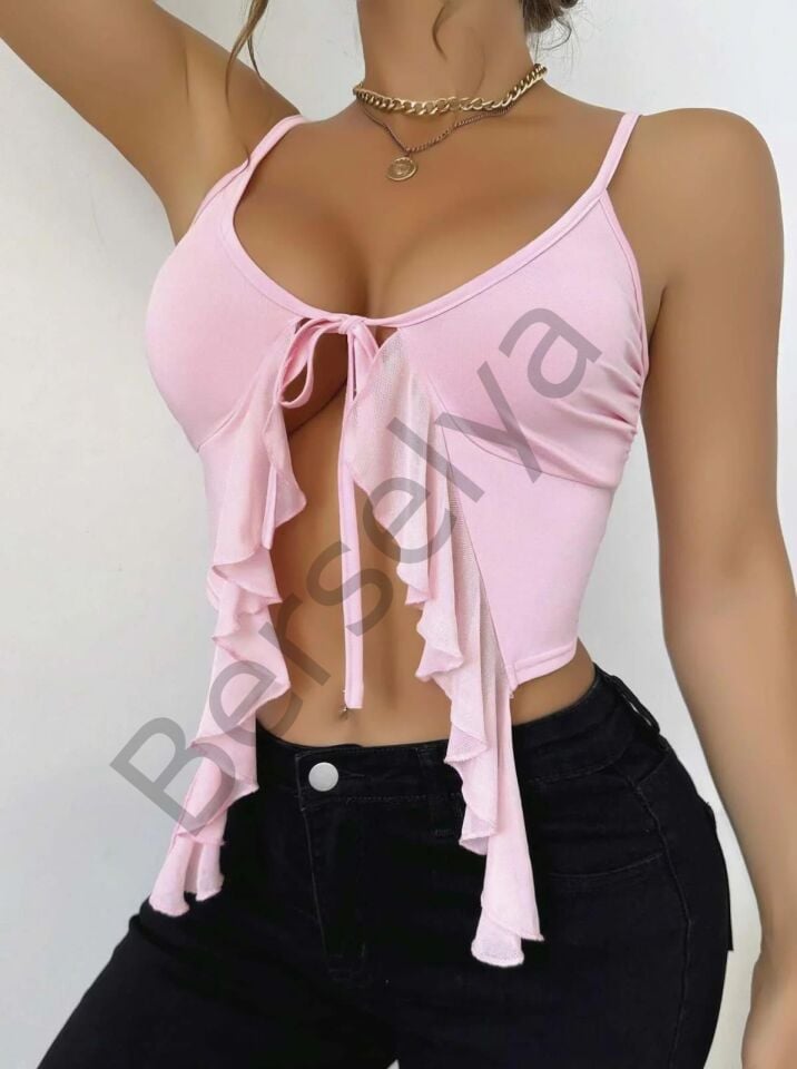 Pembe İnce Askılı Önden Bağlamalı Fırfır Detaylı Crop
