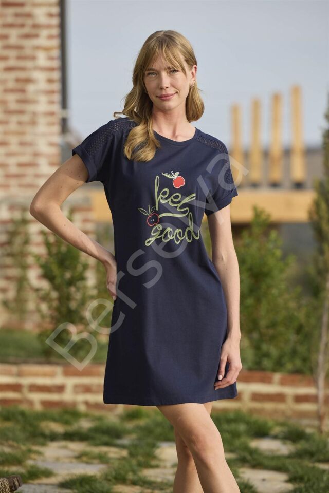 Meyve Ve Yaprak Baskılı Dantelli ''feel Good'' Gecelik