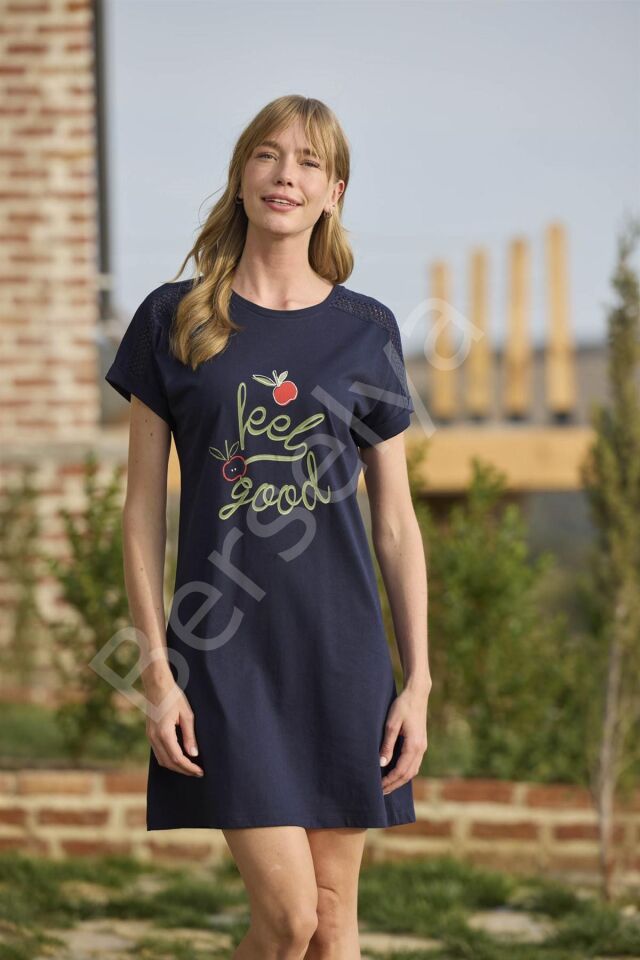 Meyve Ve Yaprak Baskılı Dantelli ''feel Good'' Gecelik