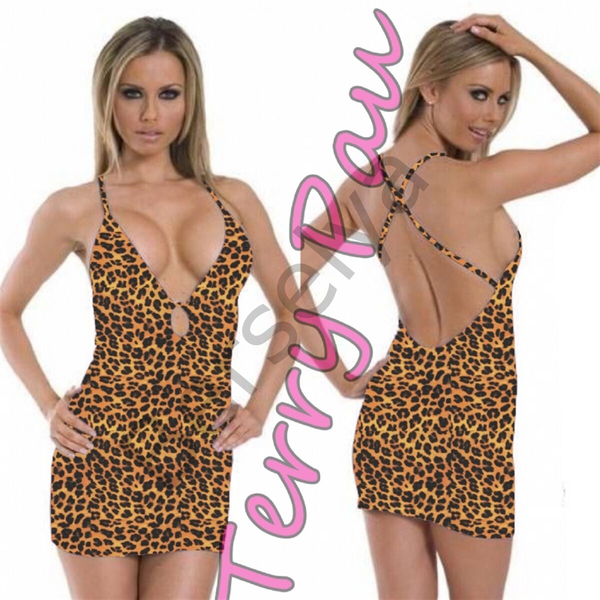 B101149 Leopar Desenli Fantezi Mini Elbise