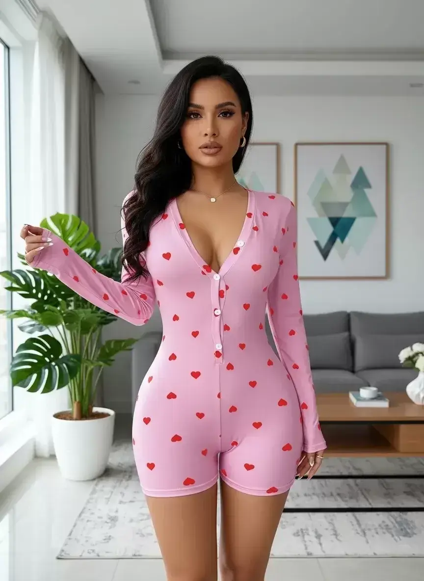 Kadın Pembe Kalp Desenli Zarif Pijama Tulumu Özel Tasarım