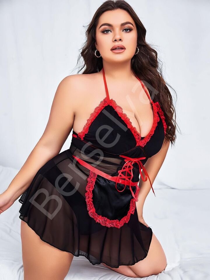 Nightlight Kırmızı Dantel Detaylı Fantazi Büyük Beden Hizmetçi Kostümü