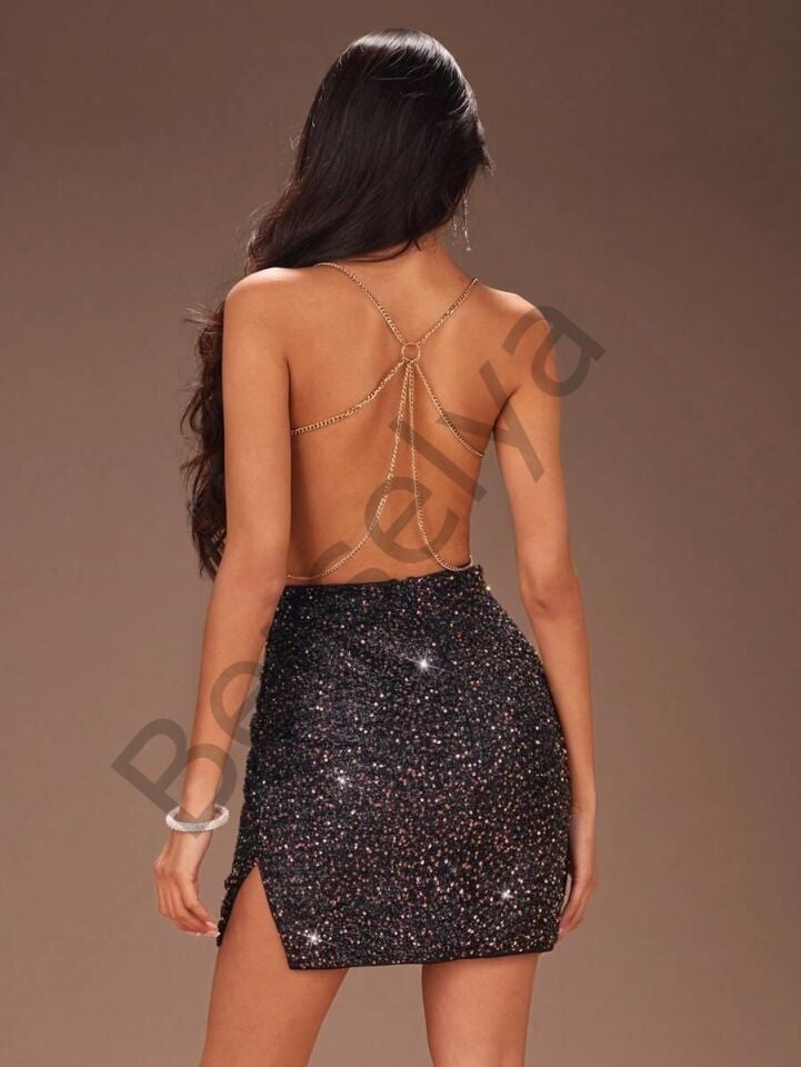 Sırt Zincir Dekolteli Seksi Mini Kadın Elbise