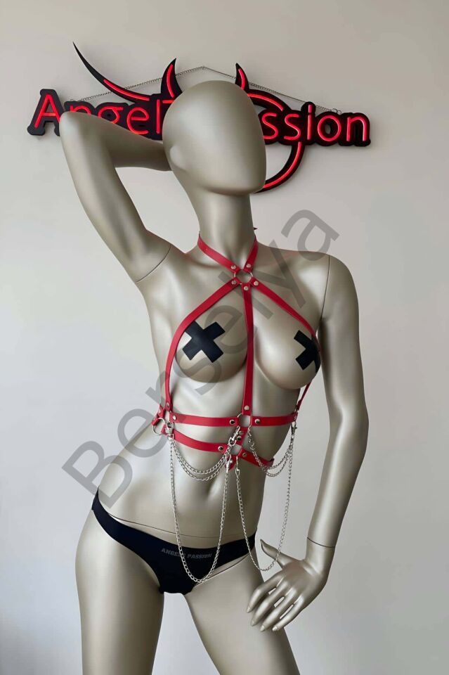 Kırmızı Ve Zincir Detaylı Şık Deri Harness - Brf3