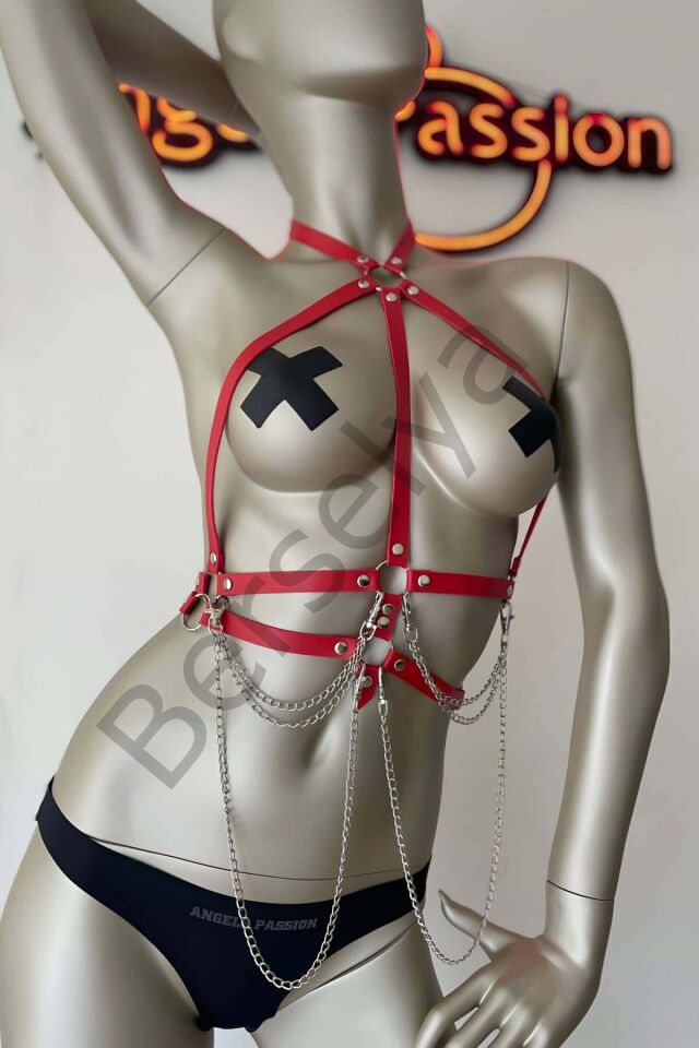 Kırmızı Ve Zincir Detaylı Şık Deri Harness - Brf3