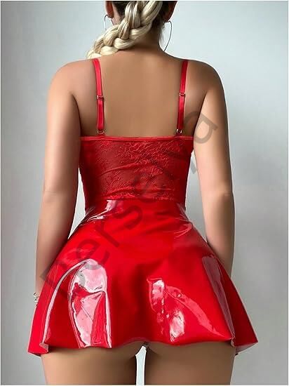 Kırmızı Parlak Deri Şık Bacak Bantlı Fantezi Club Elbise