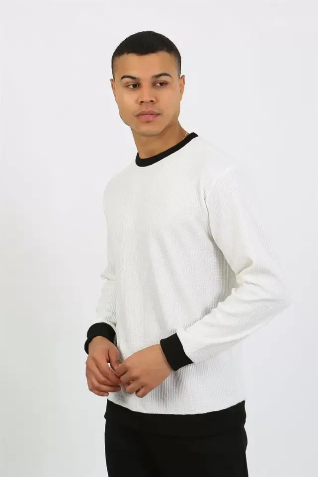 Erkek Uzun Kol Manşetli Paça Penye Pijama Takımı Beyaz