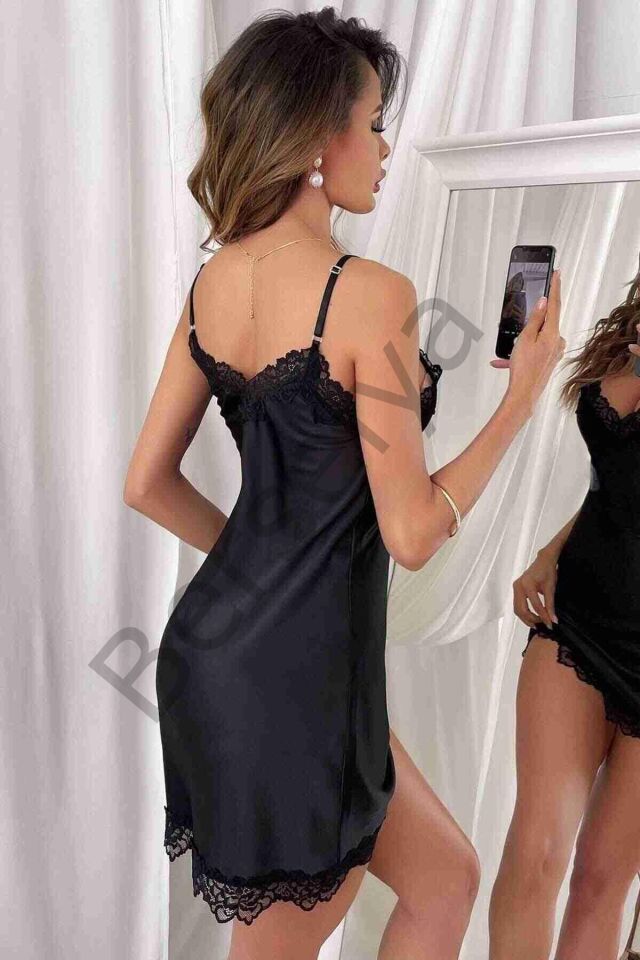 Siyah Dantel İşlemeli İnce Askılı Fantezi Saten Gecelik