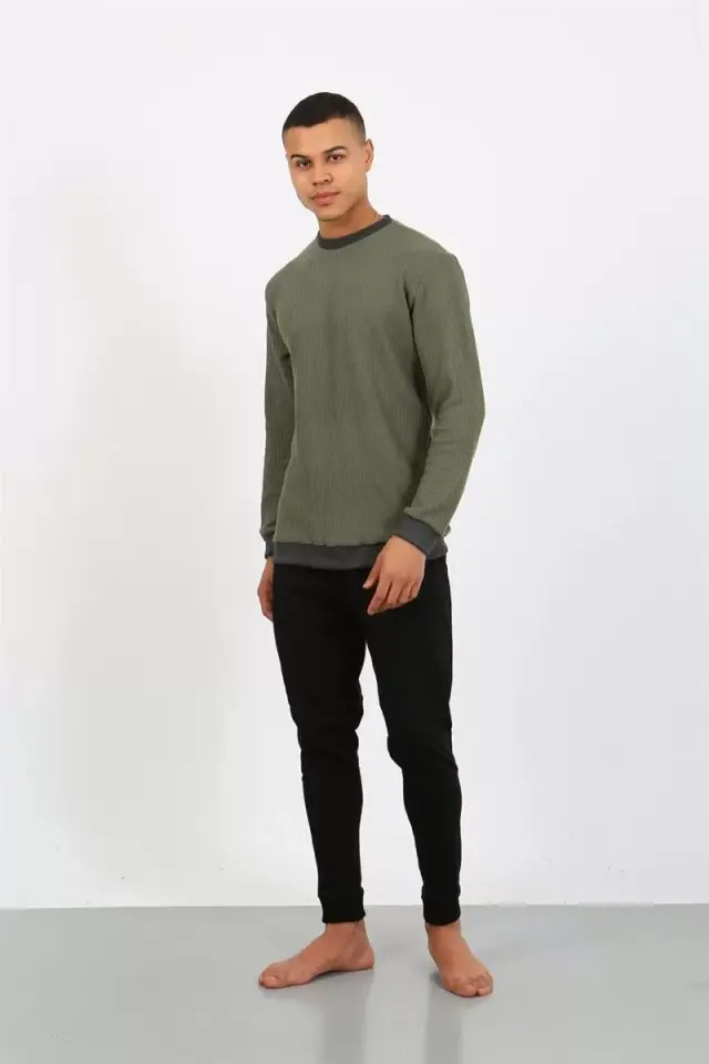 Erkek Uzun Kol Manşetli Paça Penye Pijama Takımı Haki