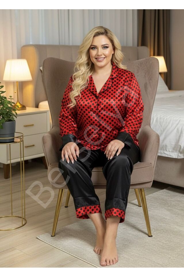 Siyah-kırmızı Saten Pijama Takımı - 1621