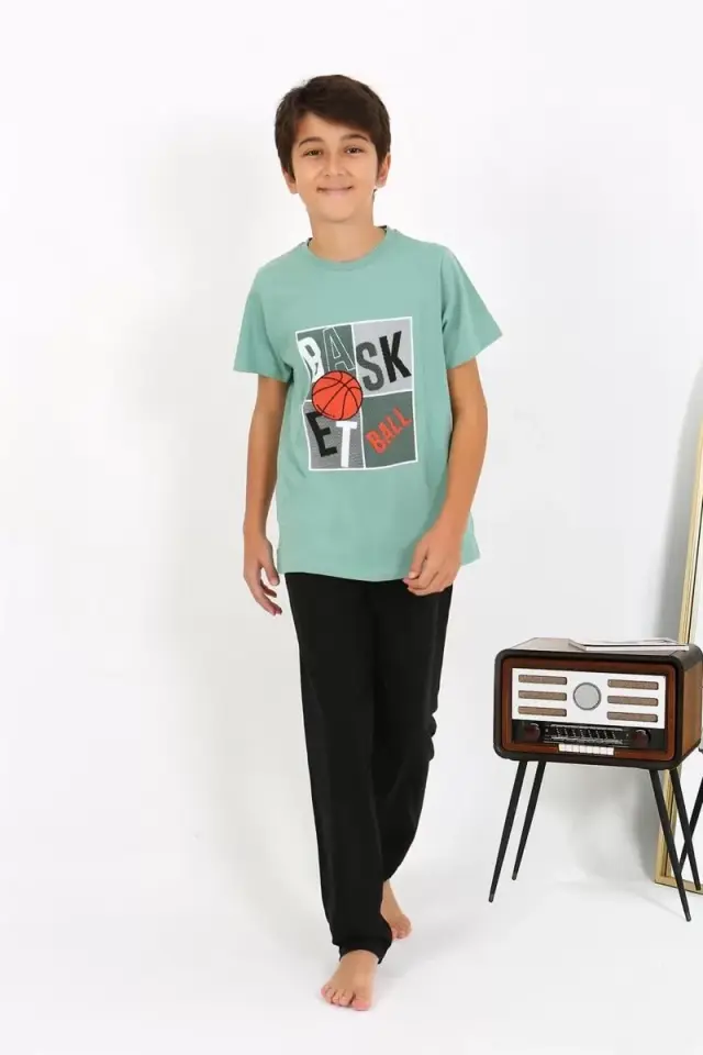 Erkek Çocuk Kısa Kol Penye Pijama Takım Suyeşili
