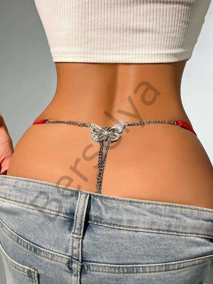 Zincir Kelebek Detaylı Fantezi Kırmızı String Tanga