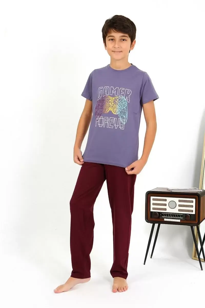 Erkek Çocuk Kısa Kol Penye Pijama Takım Mor