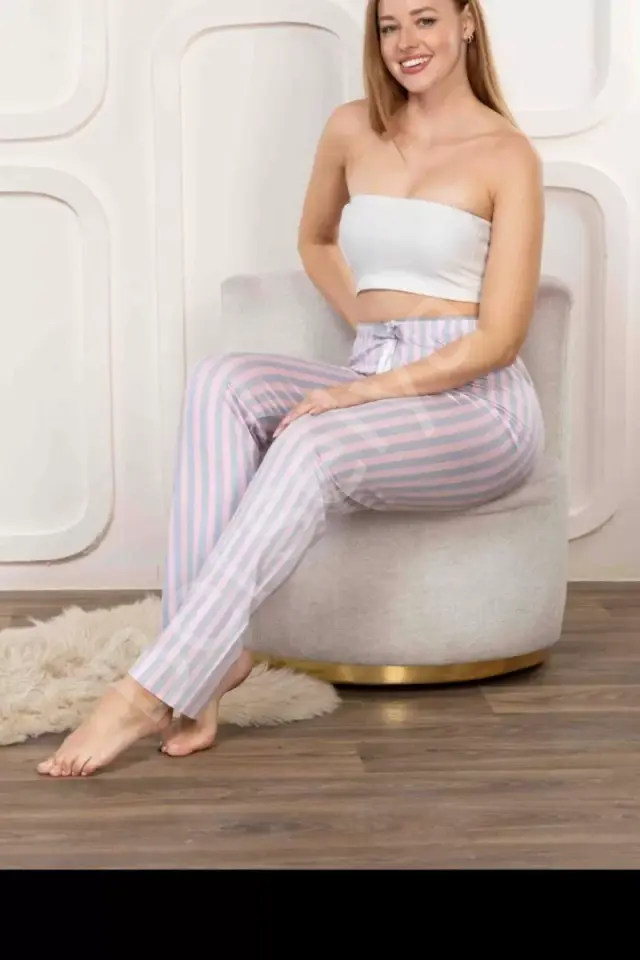 Beli Fiyonklu Rahat Kesim Pamuklu Tek Alt Pijama Kadın Byati005