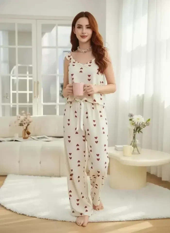 Kadın Ekru Kırmızı Kalp Desenli Uzun Pijama Takımı Yumuşak Pamuklu Rahat Ev Giyimi Özel Tasarım