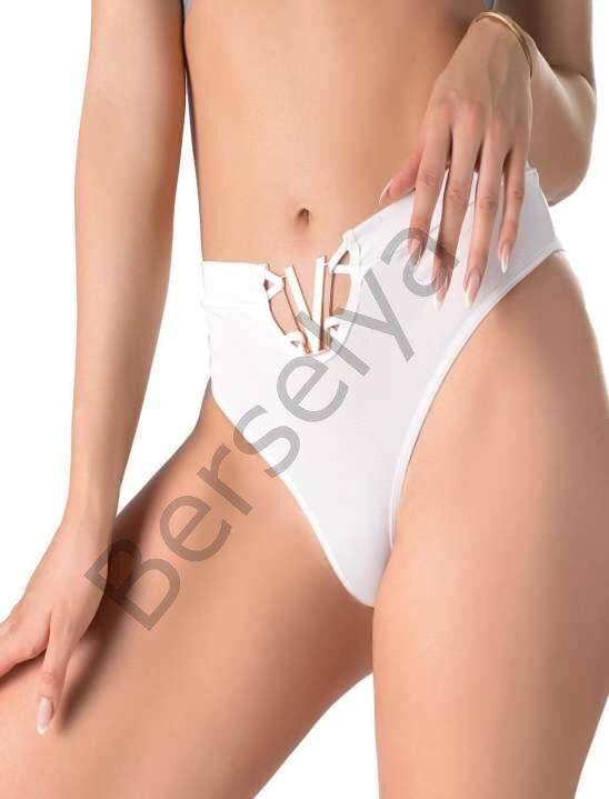 Beyaz V Metal Aksesuarlı Yüksek Bel String Tanga