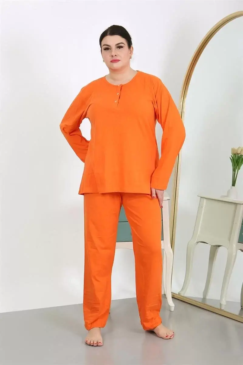 Kadın Büyük Beden Uzun Kol Penye Pijama Takımı Turuncu
