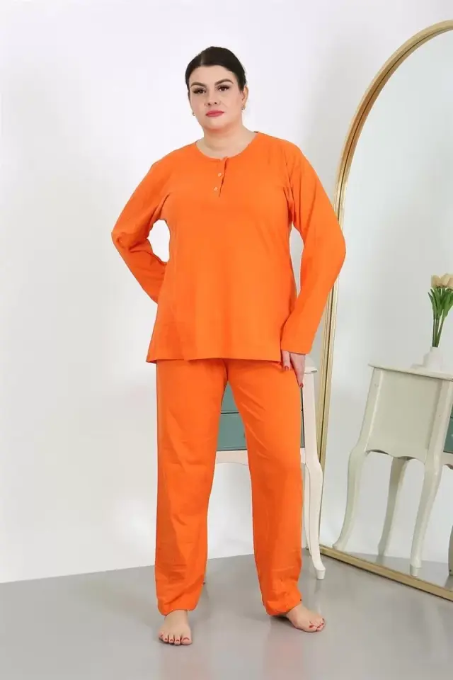 Kadın Büyük Beden Uzun Kol Penye Pijama Takımı Turuncu