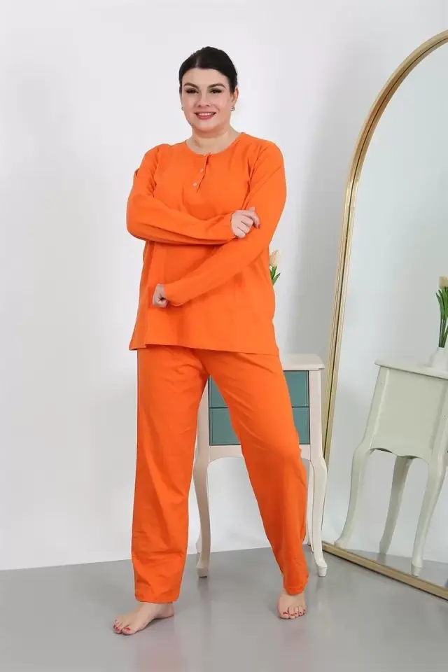 Kadın Büyük Beden Uzun Kol Penye Pijama Takımı Turuncu