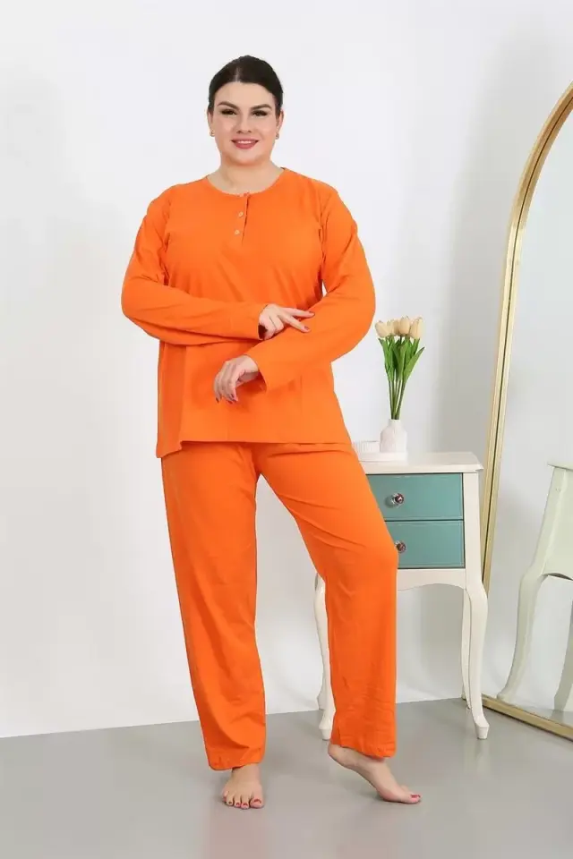 Kadın Büyük Beden Uzun Kol Penye Pijama Takımı Turuncu
