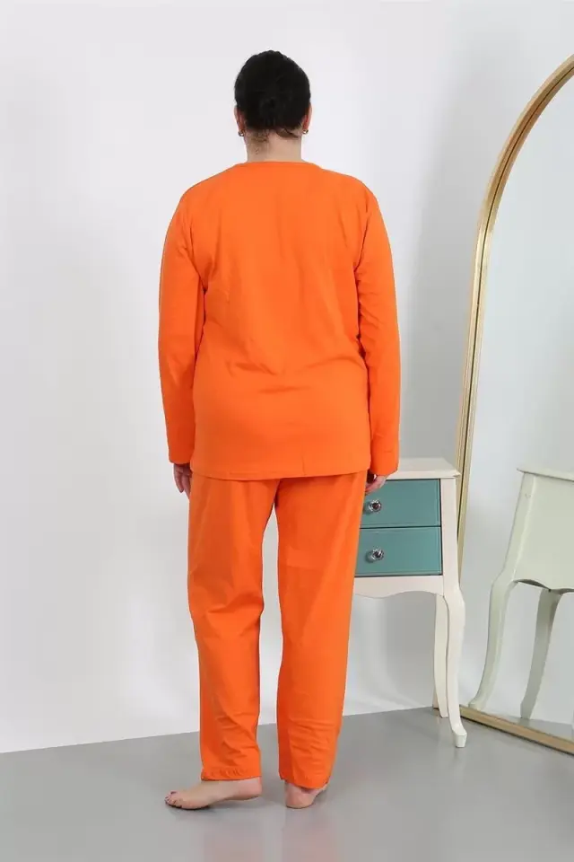 Kadın Büyük Beden Uzun Kol Penye Pijama Takımı Turuncu