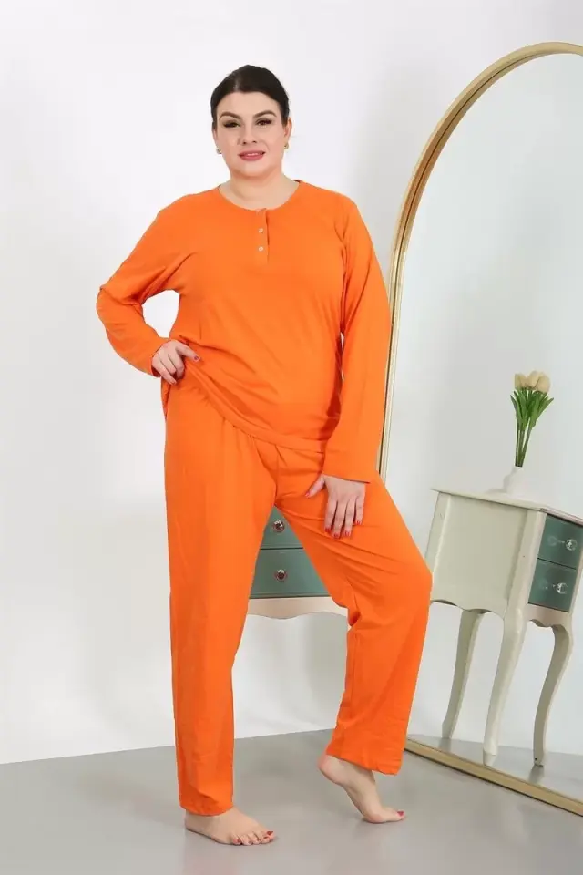 Kadın Büyük Beden Uzun Kol Penye Pijama Takımı Turuncu