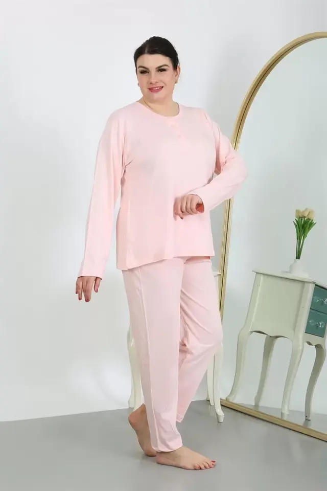 Kadın Büyük Beden Uzun Kol Penye Pijama Takımı Pembe