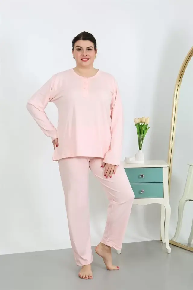Kadın Büyük Beden Uzun Kol Penye Pijama Takımı Pembe