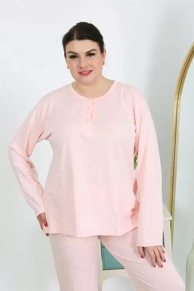 Kadın Büyük Beden Uzun Kol Penye Pijama Takımı Pembe