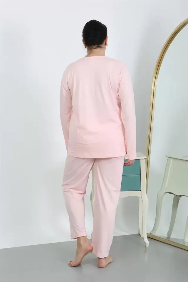 Kadın Büyük Beden Uzun Kol Penye Pijama Takımı Pembe