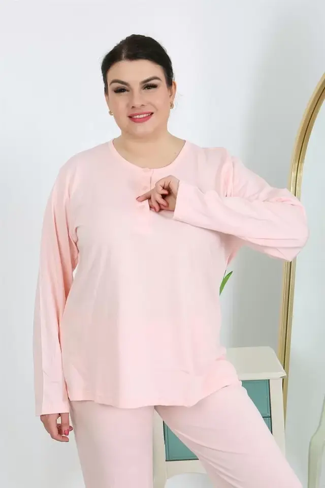 Kadın Büyük Beden Uzun Kol Penye Pijama Takımı Pembe