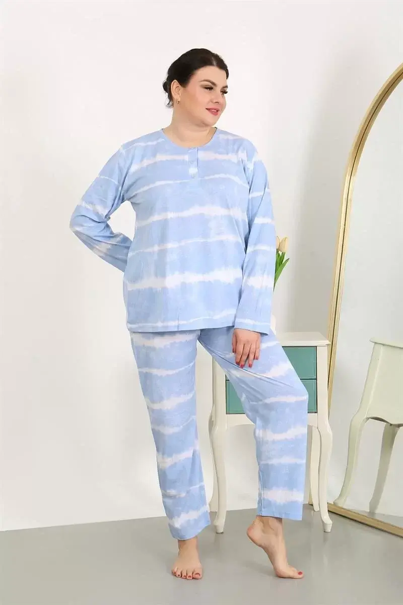 Kadın Büyük Beden Uzun Kol Penye Pijama Takımı Mavi