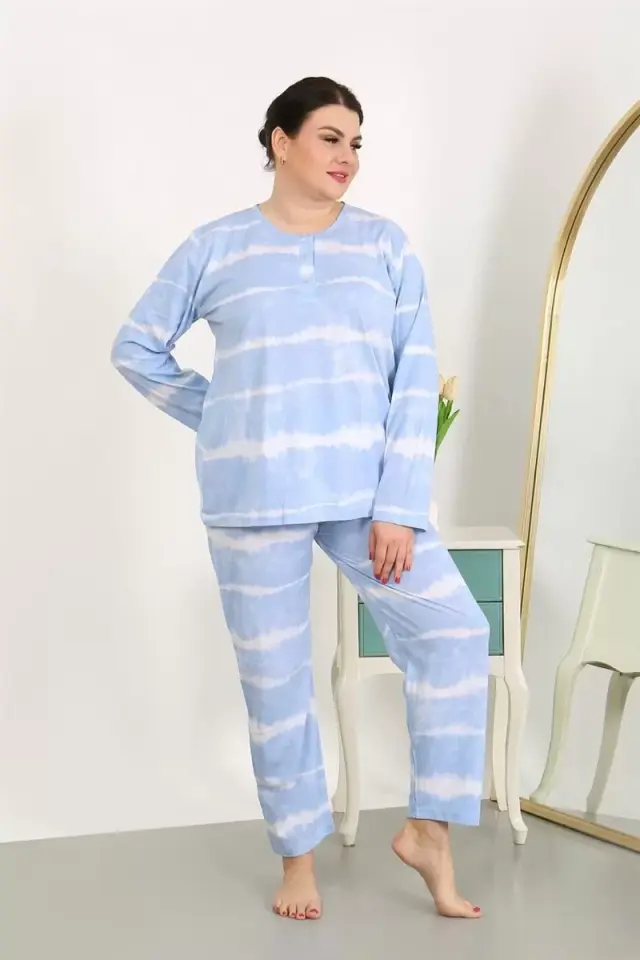 Kadın Büyük Beden Uzun Kol Penye Pijama Takımı Mavi