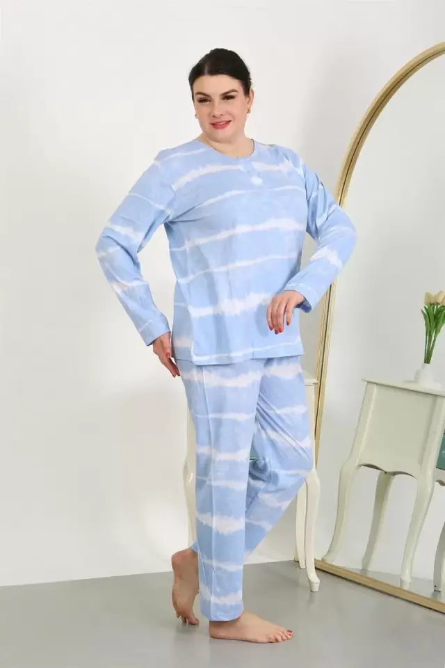 Kadın Büyük Beden Uzun Kol Penye Pijama Takımı Mavi