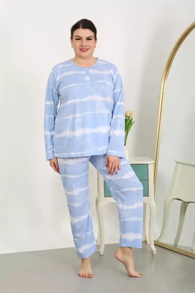 Kadın Büyük Beden Uzun Kol Penye Pijama Takımı Mavi