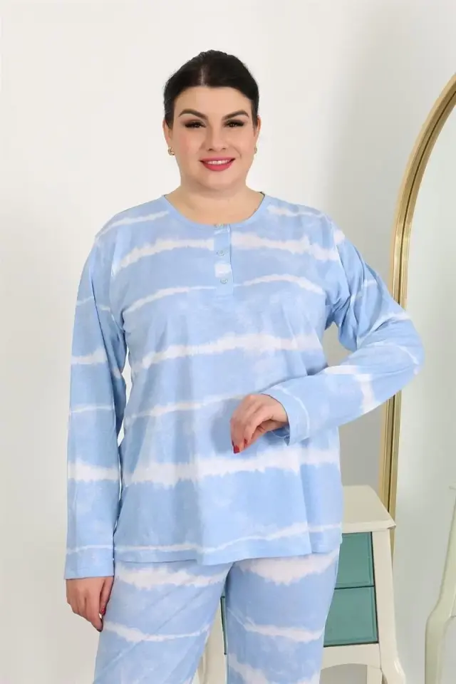 Kadın Büyük Beden Uzun Kol Penye Pijama Takımı Mavi